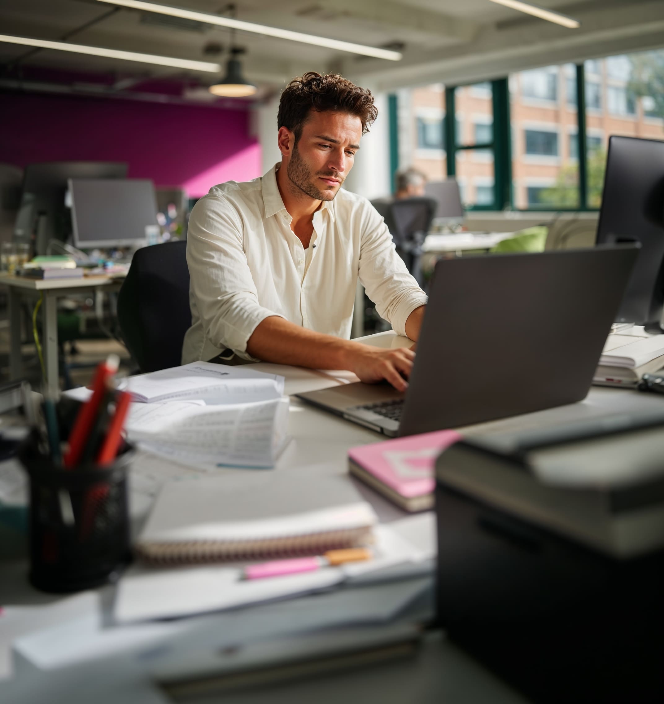 Professional working at a laptop in a bright, modern office surrounded by paperwork and supplies.