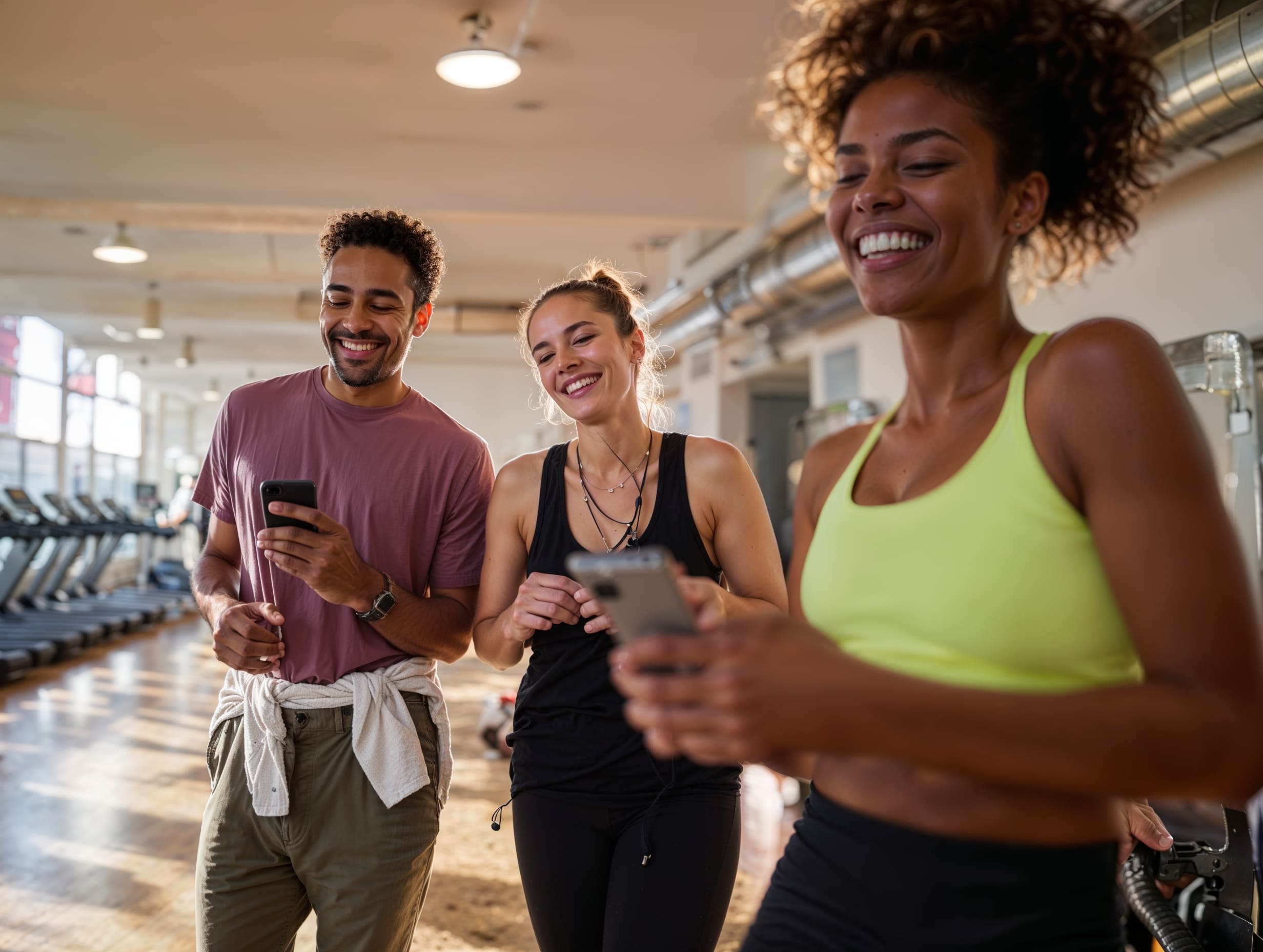 Smiling gym-goers gather together while checking smartphones in a bright fitness studio.