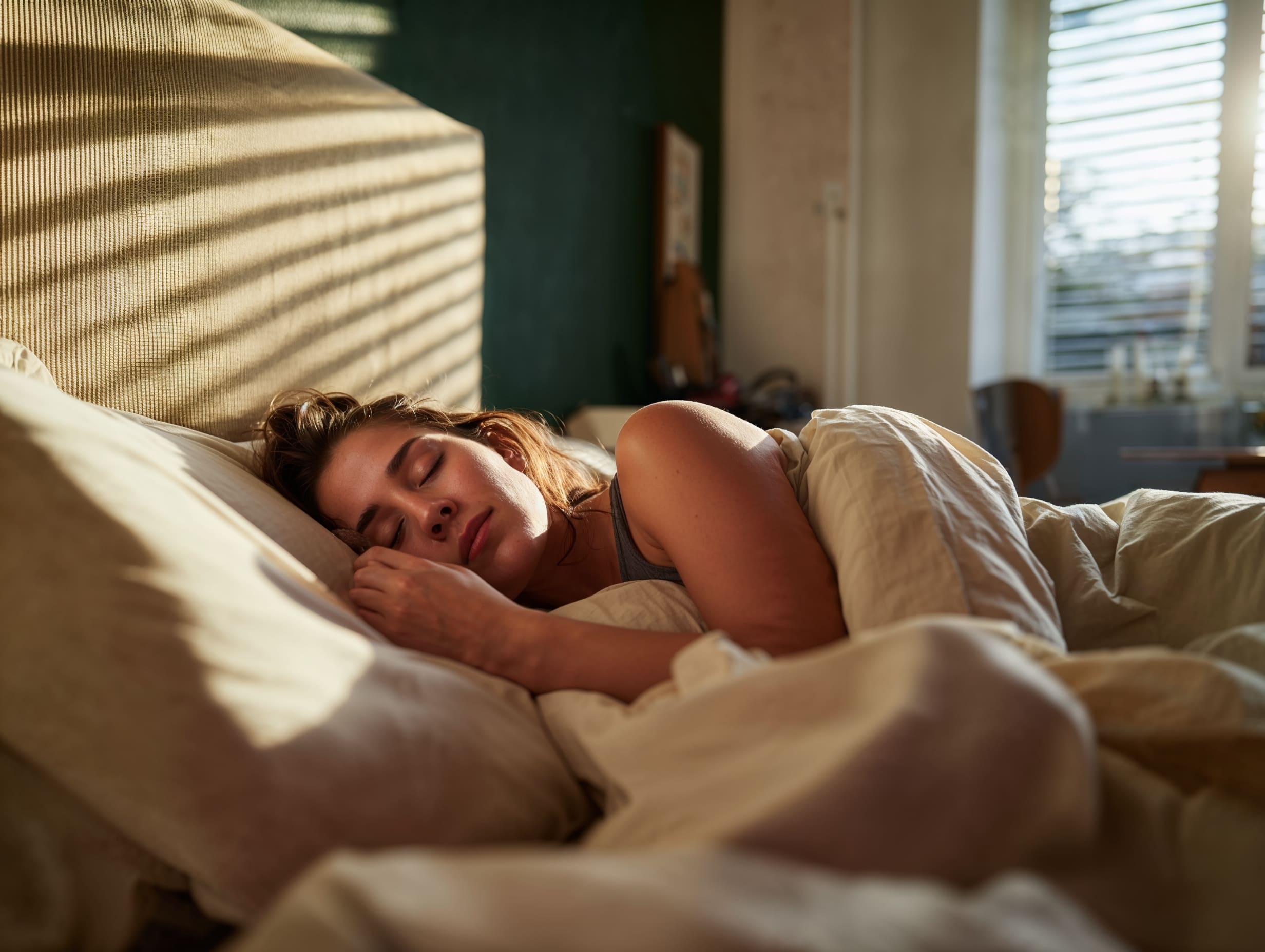 Woman sleeping peacefully in bed as warm morning sunlight filters through window blinds