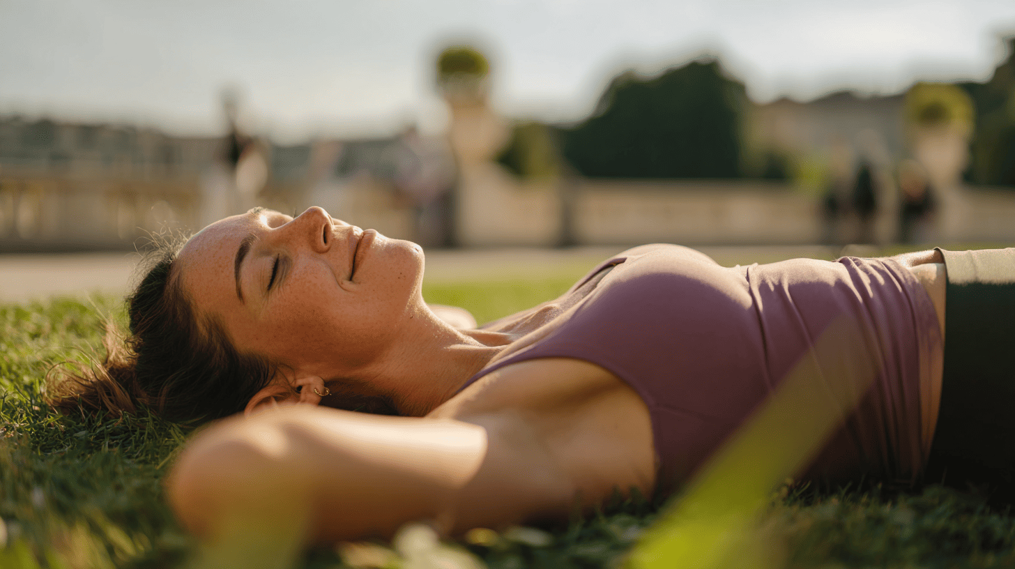 Woman resting peacefully on grass outdoors in warm sunlight, with a softly blurred park background.