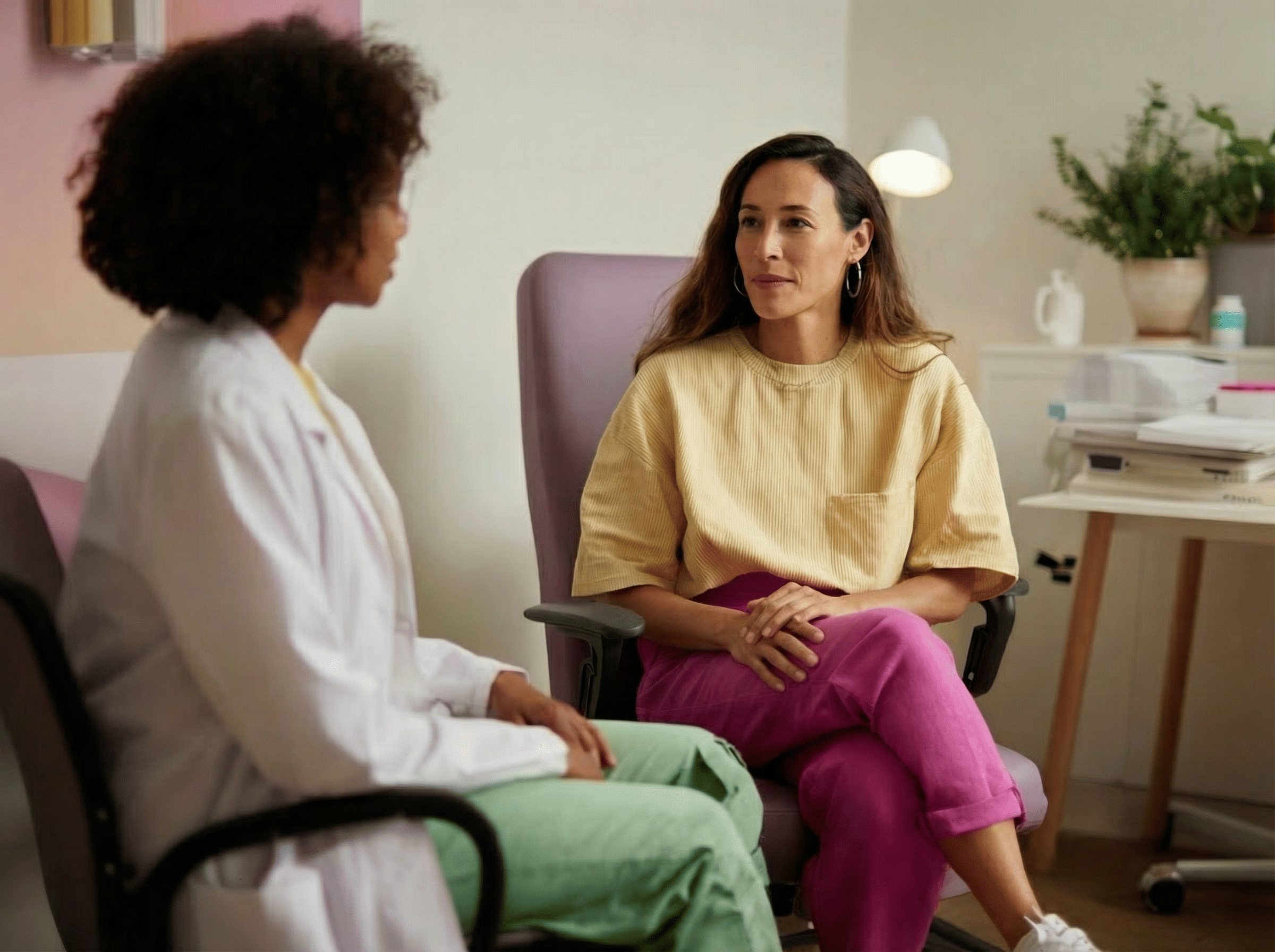 Two women engage in a supportive conversation during a professional consultation in a bright office.
