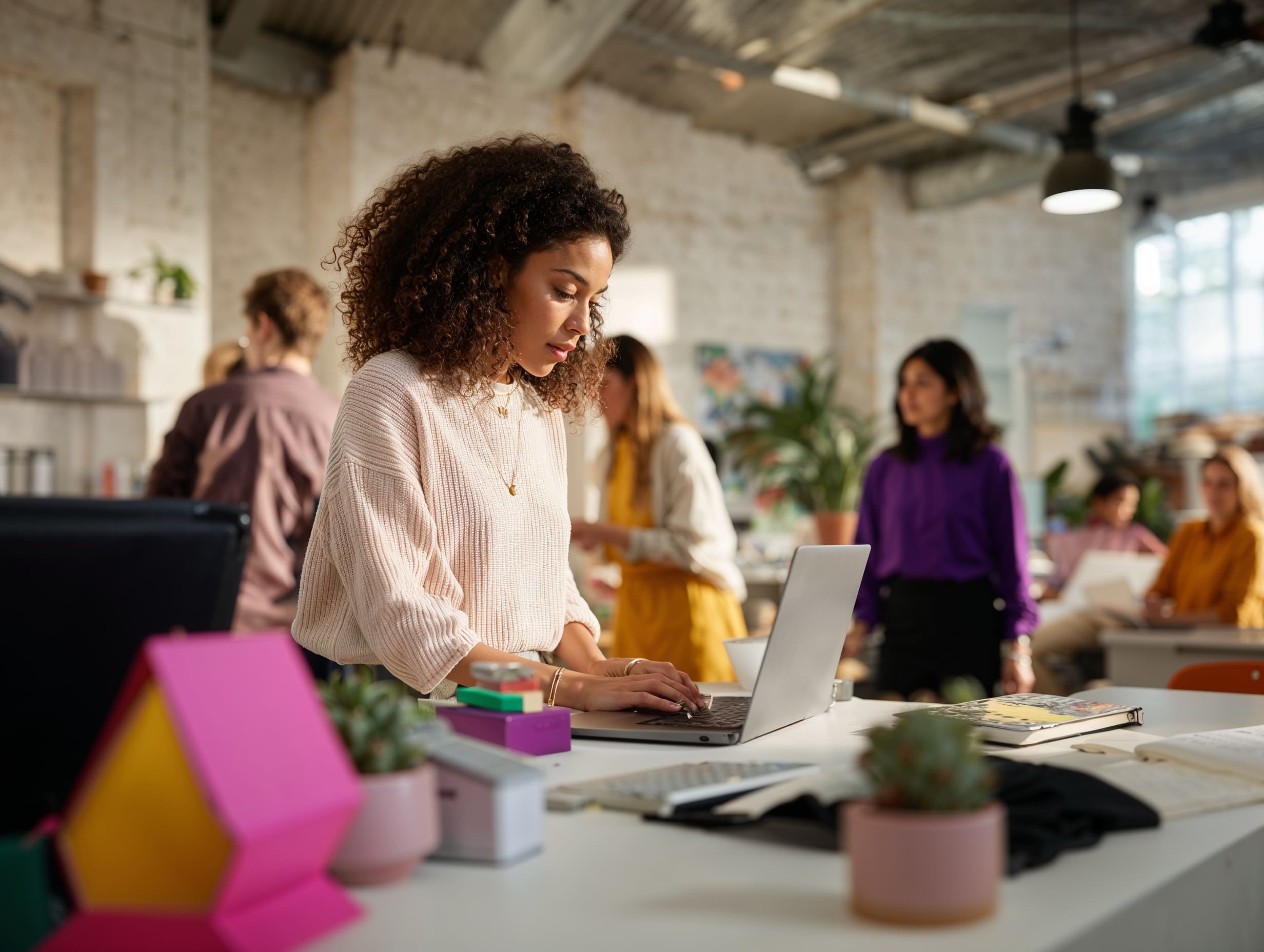 Woman works on a laptop in a bright collaborative office surrounded by creative coworkers.