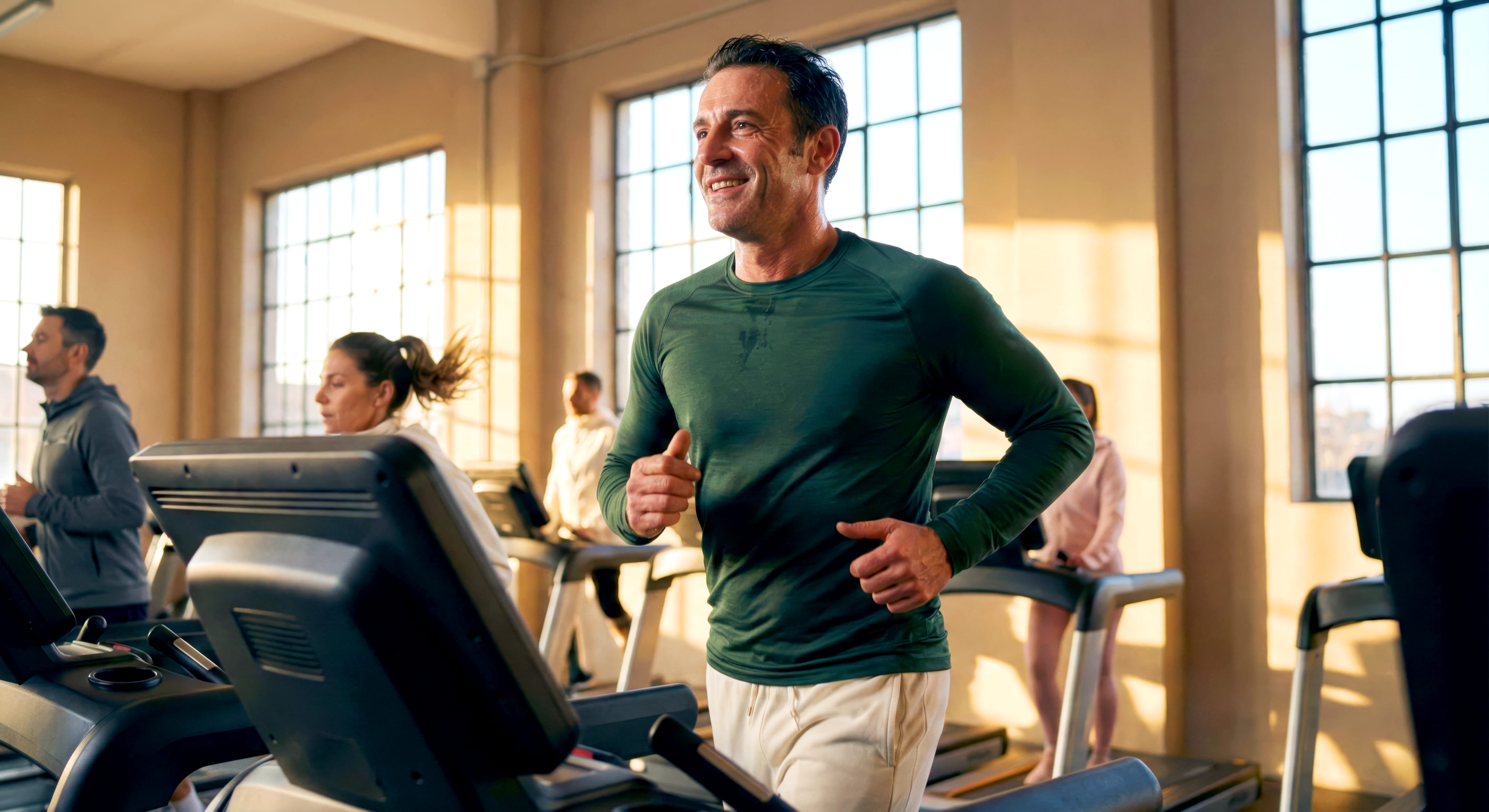 Man runs on a treadmill in a bright gym while other people exercise nearby.